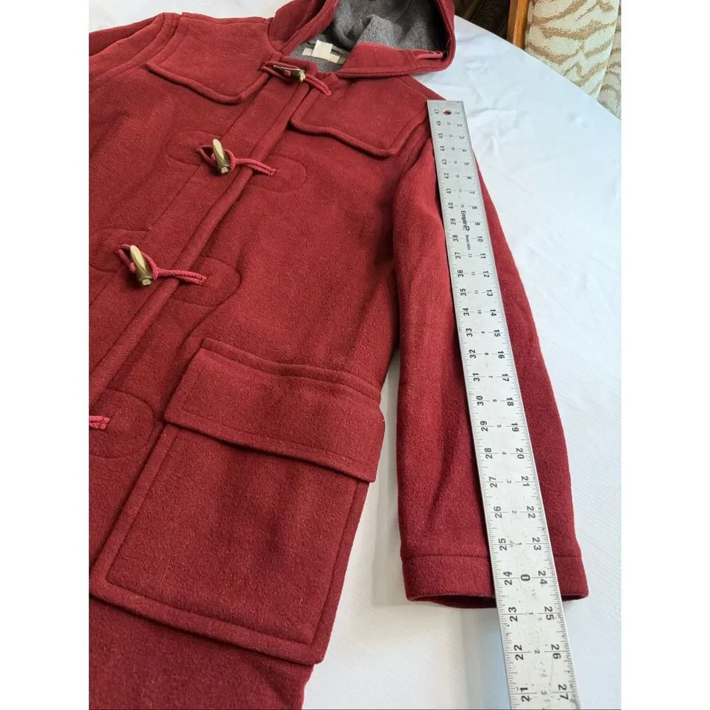 J.Crew Wool Blend Duffle Coat Small Burgundy Red Hooded Toggle Closure Jacket - Picture 4 of 9